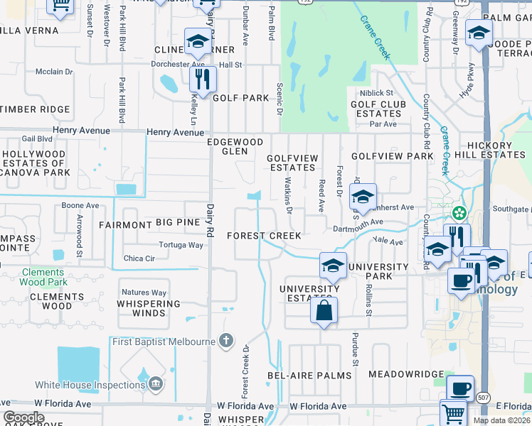 map of restaurants, bars, coffee shops, grocery stores, and more near 830 Spring Oak Drive in Melbourne