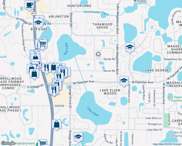 map of restaurants, bars, coffee shops, grocery stores, and more near 3235-3245 West Fletcher Avenue in Tampa