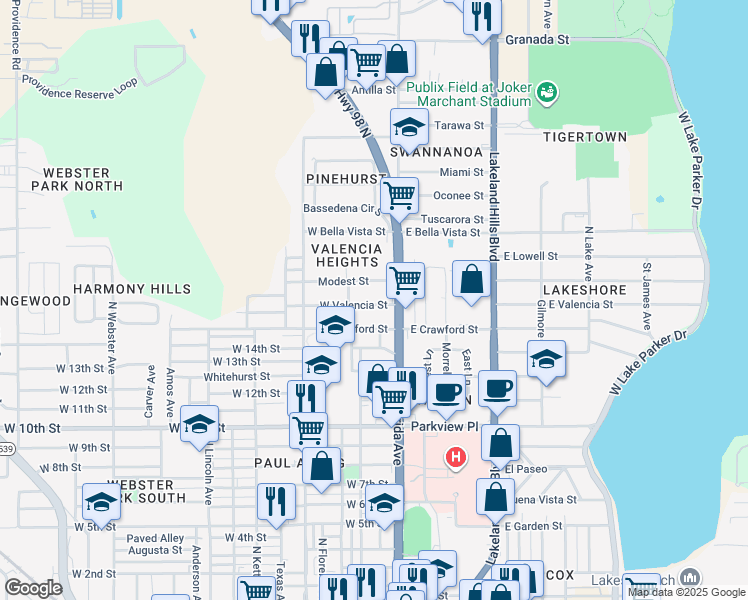 map of restaurants, bars, coffee shops, grocery stores, and more near 123 West Valencia Street in Lakeland