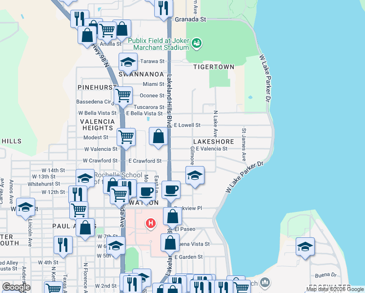 map of restaurants, bars, coffee shops, grocery stores, and more near 606 East Valencia Street in Lakeland