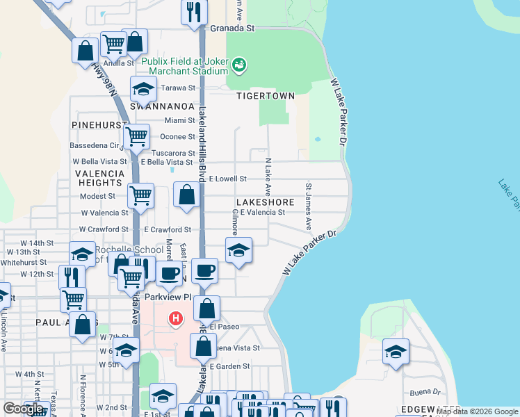 map of restaurants, bars, coffee shops, grocery stores, and more near 1610 North Lake Avenue in Lakeland