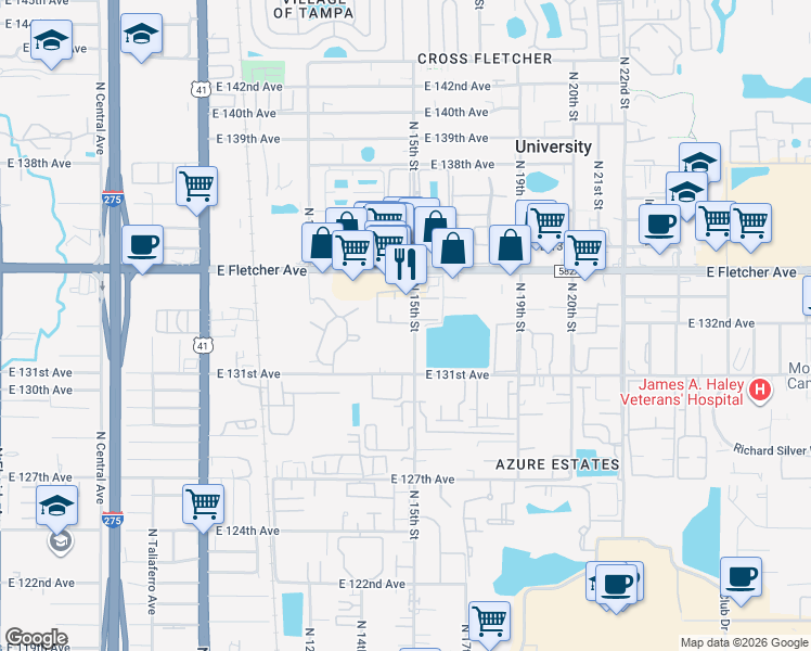 map of restaurants, bars, coffee shops, grocery stores, and more near 13434 La Place Circle in Tampa