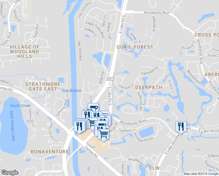 map of restaurants, bars, coffee shops, grocery stores, and more near 546 East Lake Road South in Palm Harbor