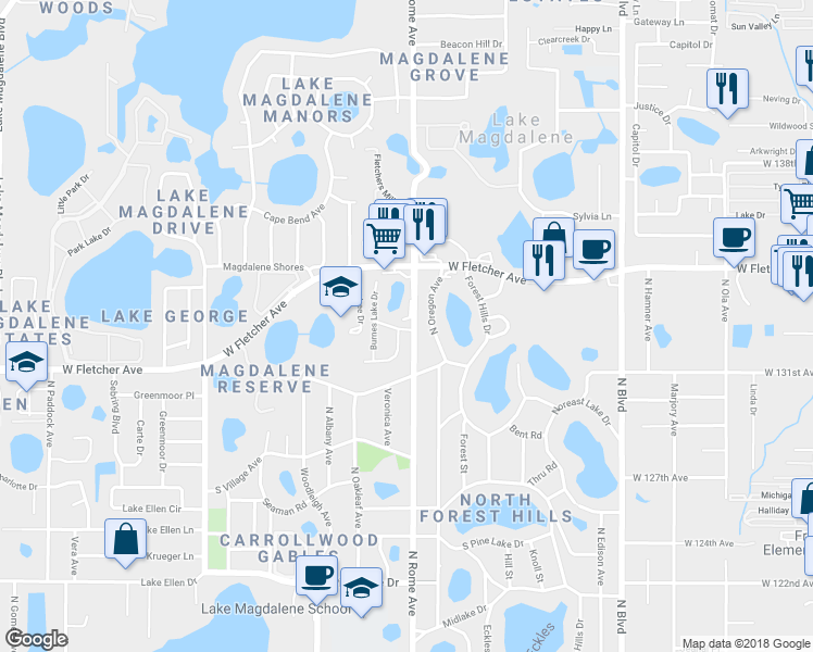 map of restaurants, bars, coffee shops, grocery stores, and more near 13302 Arena Place in Tampa