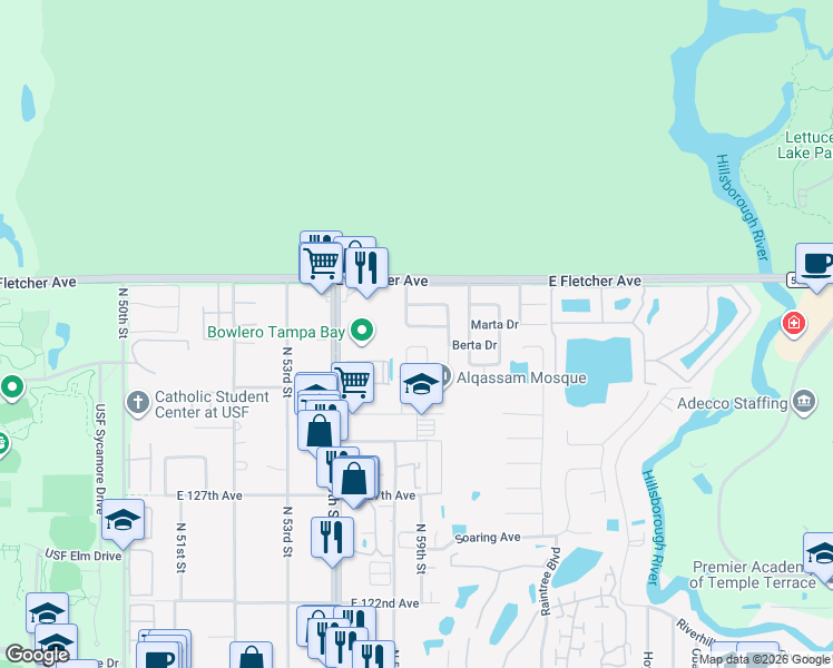 map of restaurants, bars, coffee shops, grocery stores, and more near 13418 Dottie Drive in Tampa