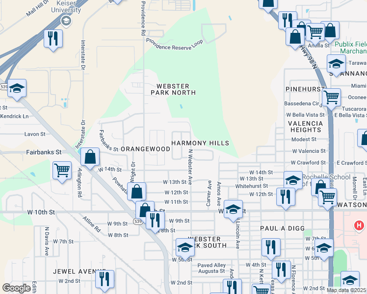 map of restaurants, bars, coffee shops, grocery stores, and more near 1740 Bush Avenue in Lakeland