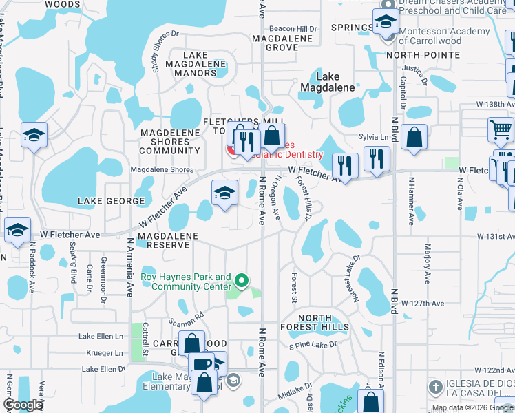 map of restaurants, bars, coffee shops, grocery stores, and more near 13324 Arena Place in Tampa