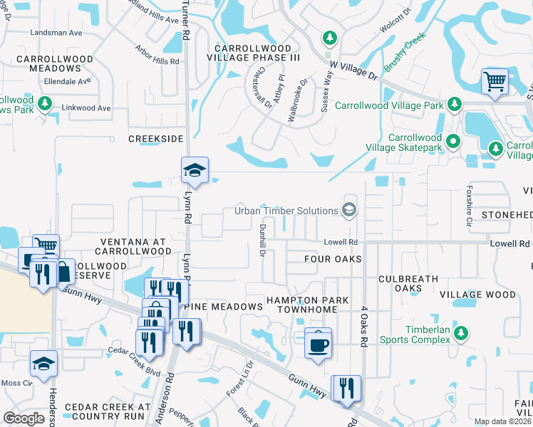 map of restaurants, bars, coffee shops, grocery stores, and more near 12824 Dunhill Drive in Tampa