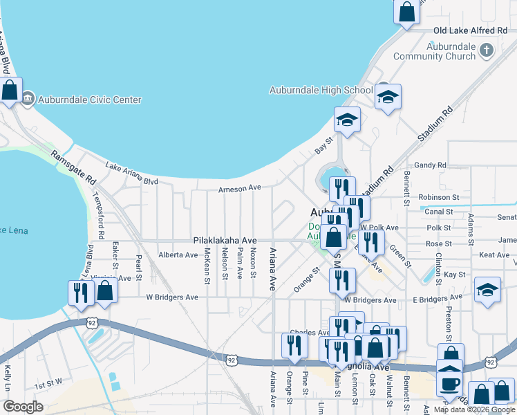 map of restaurants, bars, coffee shops, grocery stores, and more near 105 Noxon Street in Auburndale