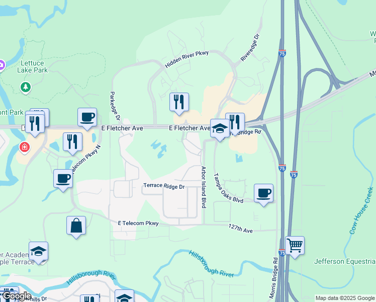 map of restaurants, bars, coffee shops, grocery stores, and more near 8513 Island Breeze Lane in Temple Terrace