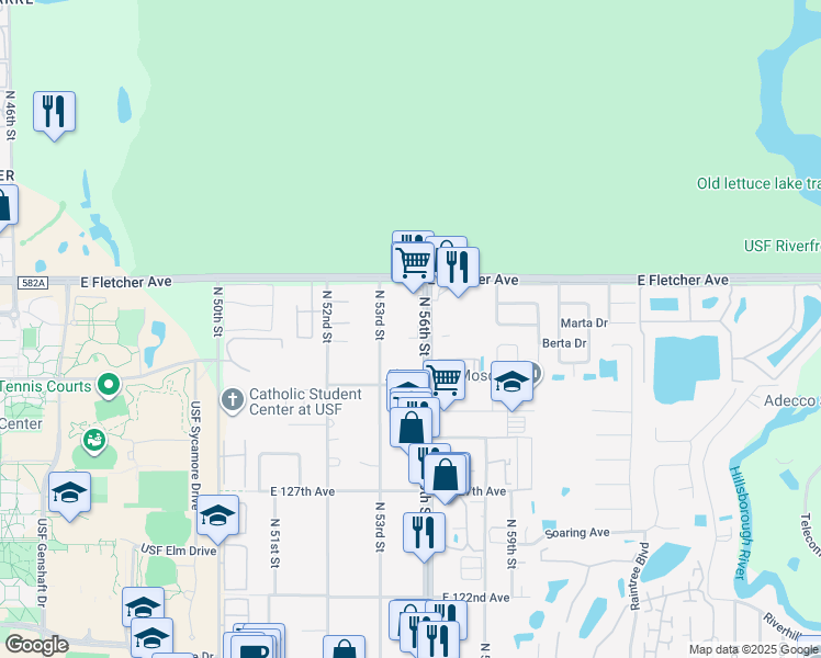 map of restaurants, bars, coffee shops, grocery stores, and more near 13401 North 53rd Street in Tampa