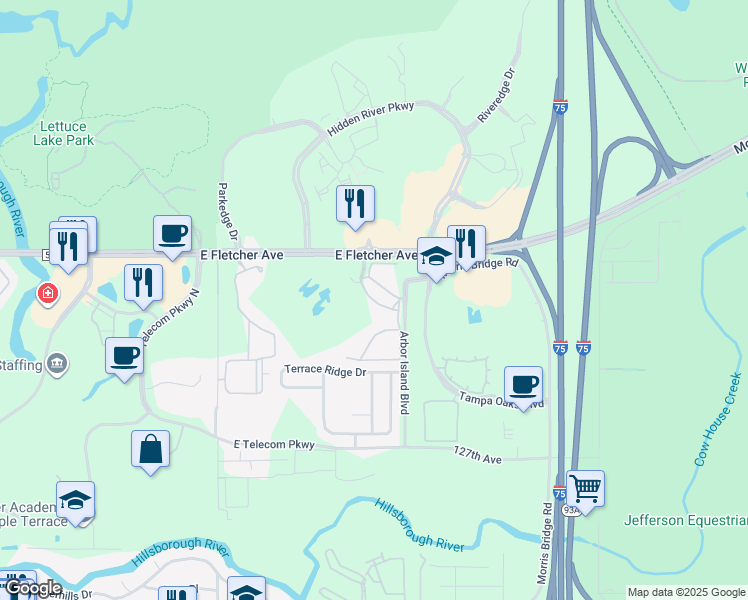 map of restaurants, bars, coffee shops, grocery stores, and more near 8513 Island Breeze Lane in Temple Terrace