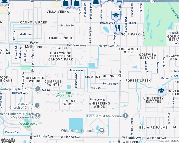 map of restaurants, bars, coffee shops, grocery stores, and more near 3333 Chica Circle in West Melbourne