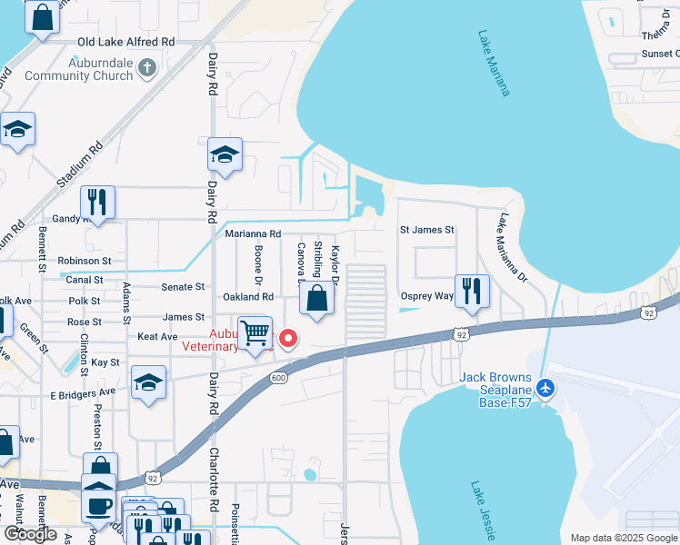 map of restaurants, bars, coffee shops, grocery stores, and more near 216 Stribling Drive in Auburndale