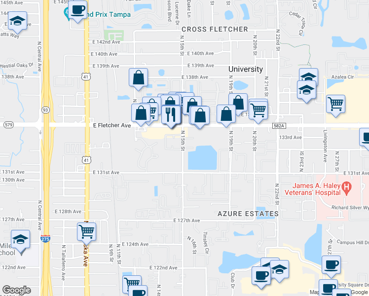 map of restaurants, bars, coffee shops, grocery stores, and more near 13218 Bunn Circle in Tampa
