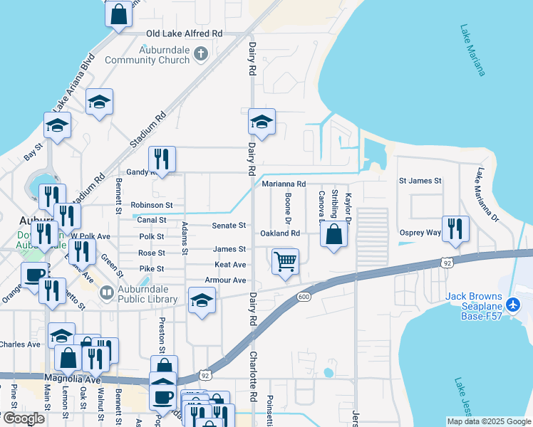 map of restaurants, bars, coffee shops, grocery stores, and more near 213 Pinehurst Drive in Auburndale