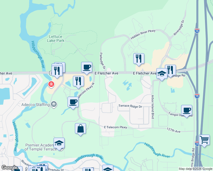 map of restaurants, bars, coffee shops, grocery stores, and more near 13243 Sanctuary Cove Drive in Temple Terrace