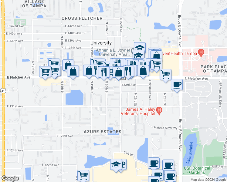 map of restaurants, bars, coffee shops, grocery stores, and more near 13147 North 20th Street in Tampa