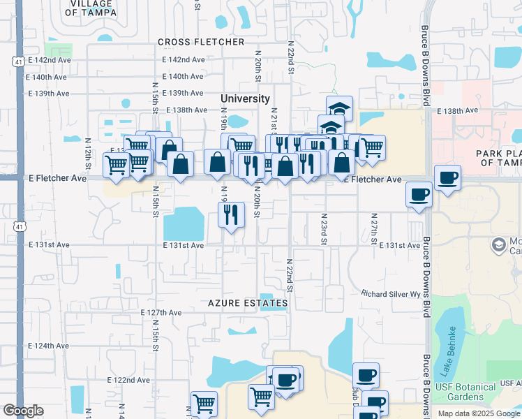 map of restaurants, bars, coffee shops, grocery stores, and more near 13148 North 20th Street in Tampa