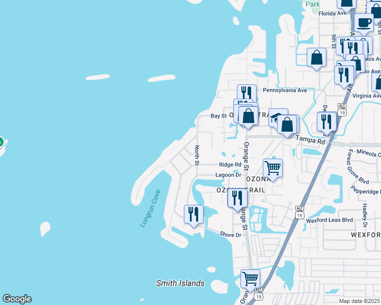 map of restaurants, bars, coffee shops, grocery stores, and more near 275 North Street in Palm Harbor
