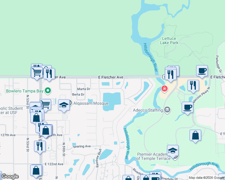 map of restaurants, bars, coffee shops, grocery stores, and more near 6400 Markstown Drive in Tampa