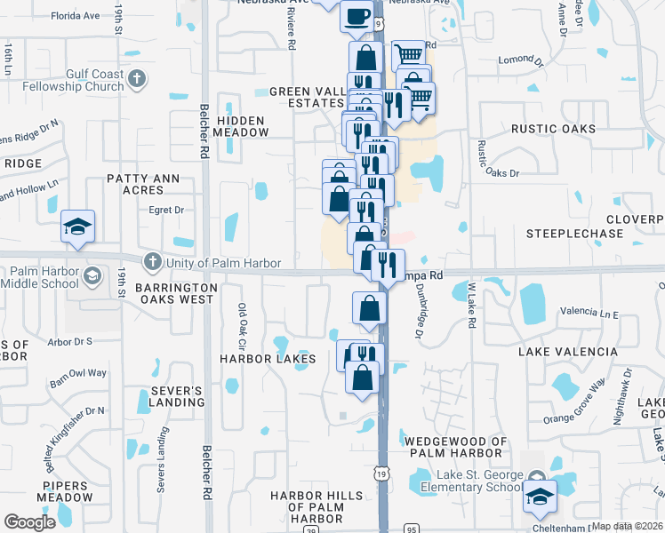 map of restaurants, bars, coffee shops, grocery stores, and more near 2385 Tampa Road in Palm Harbor