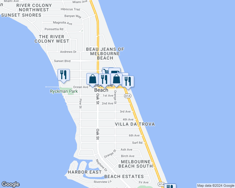 map of restaurants, bars, coffee shops, grocery stores, and more near 210 1st Avenue in Melbourne Beach