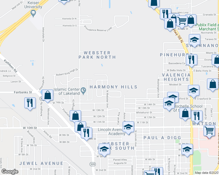map of restaurants, bars, coffee shops, grocery stores, and more near 1725 North Webster Avenue in Lakeland
