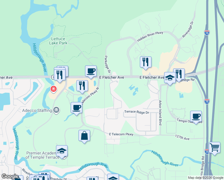 map of restaurants, bars, coffee shops, grocery stores, and more near 13235 Sanctuary Cove Drive in Temple Terrace