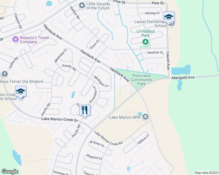 map of restaurants, bars, coffee shops, grocery stores, and more near 302 Michigan Lane in Poinciana