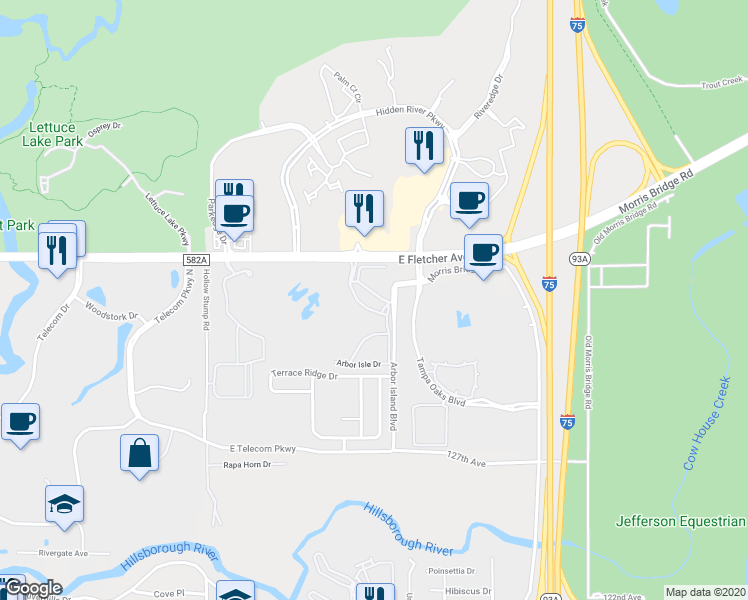 map of restaurants, bars, coffee shops, grocery stores, and more near 8513 Island Breeze Lane in Temple Terrace