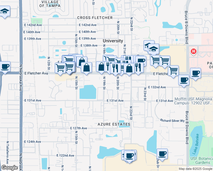 map of restaurants, bars, coffee shops, grocery stores, and more near 13135 North 19th Street in Tampa