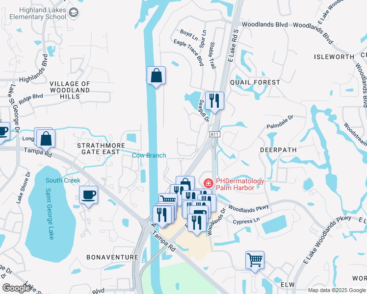 map of restaurants, bars, coffee shops, grocery stores, and more near 1436 Seagull Drive in Palm Harbor