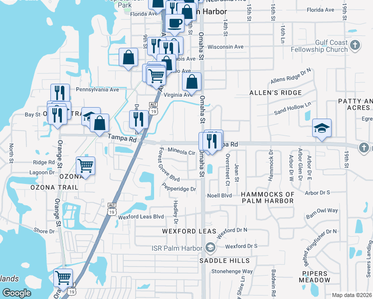 map of restaurants, bars, coffee shops, grocery stores, and more near 1144 County Road 752 in Palm Harbor