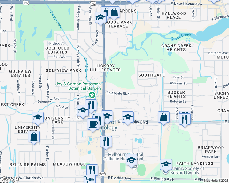 map of restaurants, bars, coffee shops, grocery stores, and more near 100 Southgate Boulevard in Melbourne
