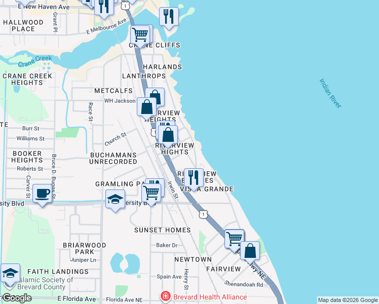 map of restaurants, bars, coffee shops, grocery stores, and more near 2715 Melwood Drive in Melbourne