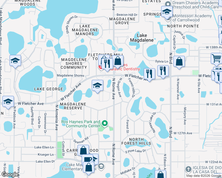 map of restaurants, bars, coffee shops, grocery stores, and more near 13302 Arena Place in Tampa