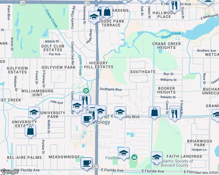 map of restaurants, bars, coffee shops, grocery stores, and more near 102 Southgate Boulevard in Melbourne