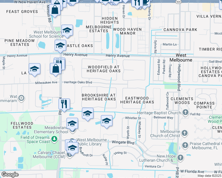 map of restaurants, bars, coffee shops, grocery stores, and more near 2461 Brookshire Circle in Melbourne