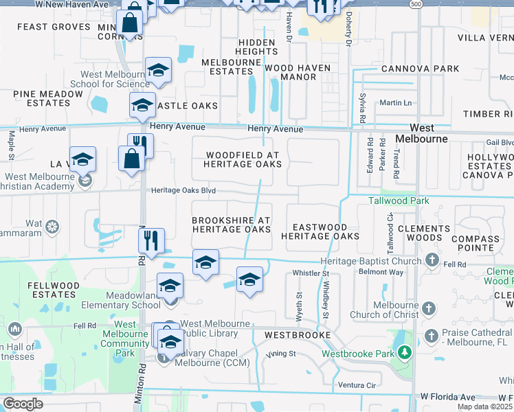 map of restaurants, bars, coffee shops, grocery stores, and more near 2471 Brookshire Circle in Melbourne