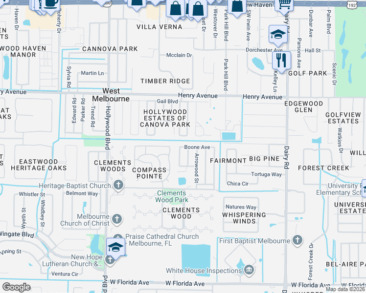 map of restaurants, bars, coffee shops, grocery stores, and more near 488 Needle Street in West Melbourne