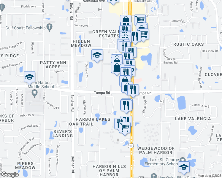 map of restaurants, bars, coffee shops, grocery stores, and more near 2385 Tampa Road in Palm Harbor