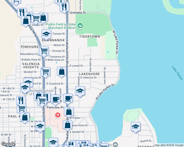 map of restaurants, bars, coffee shops, grocery stores, and more near 801 Lakehurst Street in Lakeland