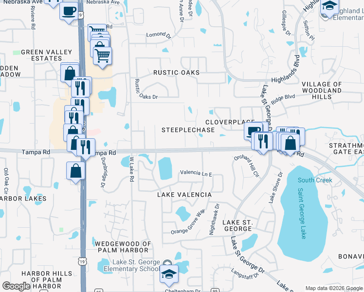 map of restaurants, bars, coffee shops, grocery stores, and more near 106 Hunter Court in Palm Harbor