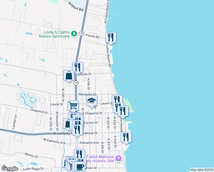 map of restaurants, bars, coffee shops, grocery stores, and more near 515 North 3rd Street in Fulton