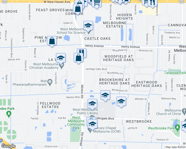 map of restaurants, bars, coffee shops, grocery stores, and more near 655 Boughton Way in West Melbourne