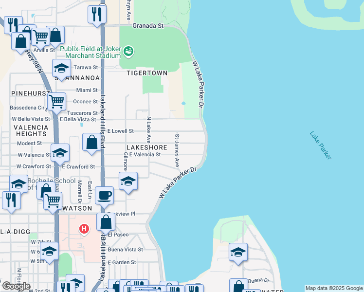 map of restaurants, bars, coffee shops, grocery stores, and more near 909 Lakehurst Street in Lakeland