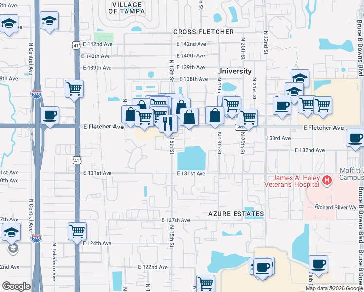 map of restaurants, bars, coffee shops, grocery stores, and more near 13214 Bunn Circle in Tampa