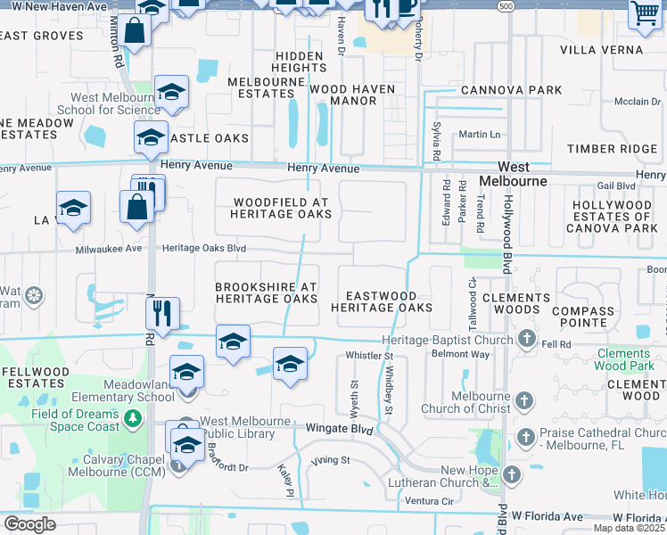 map of restaurants, bars, coffee shops, grocery stores, and more near 1628 Maeve Circle in West Melbourne