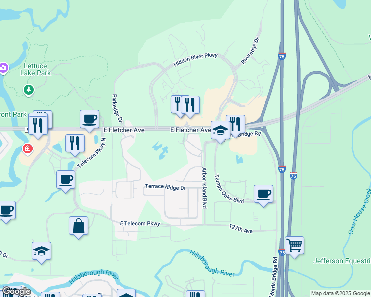 map of restaurants, bars, coffee shops, grocery stores, and more near 8513 Island Breeze Lane in Temple Terrace